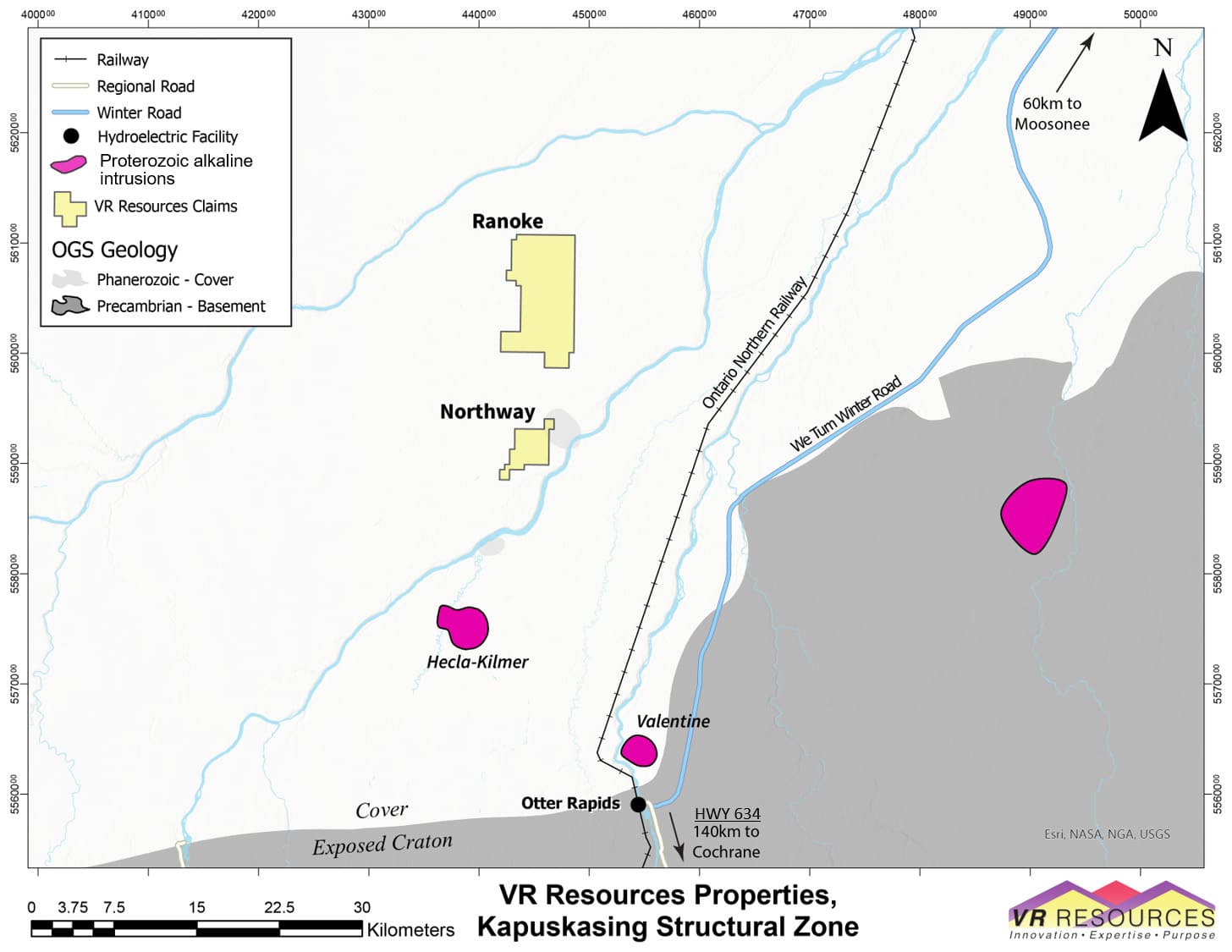 Property location on gravity basemap of Kapuskasing Shear Zone